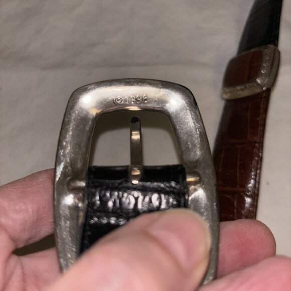 Vintage Brighton 1996 Brown/Black Leather Belt Silver Buckle Embellished M23903 - Picture 7 of 8